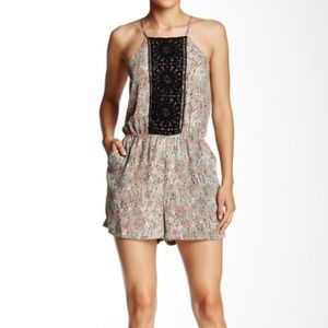 Daniel Rainn Romper L Halter Lace Feather Print